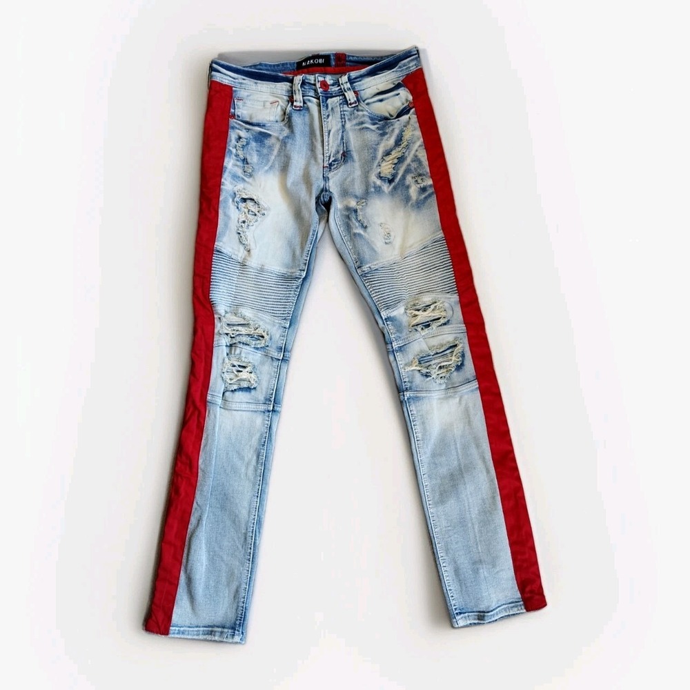 Men's Makobi Light Wash Blue Biker Jeans Ribbed with Red Nylon Stripes Sz 30x32